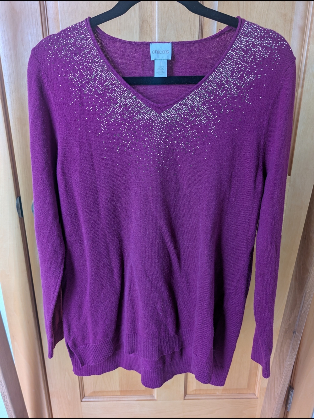 Chico's Plum V-Neck Sweater with Gold Stud Detail
